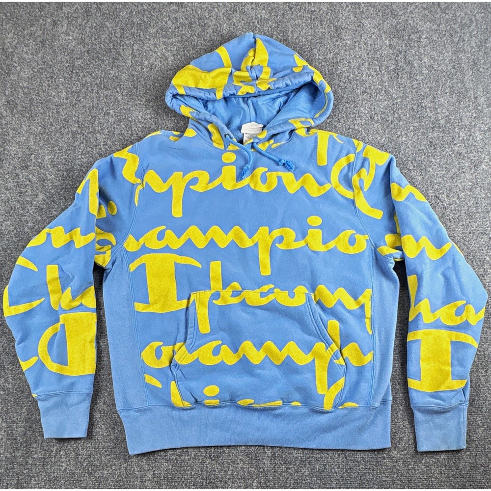 Champion Reverse Weave All Over Print Hoodie Blue Yellow Script AOP Sweatshirt L